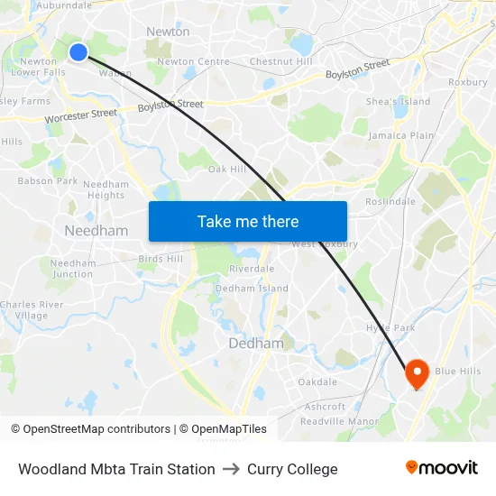 Woodland Mbta Train Station to Curry College map