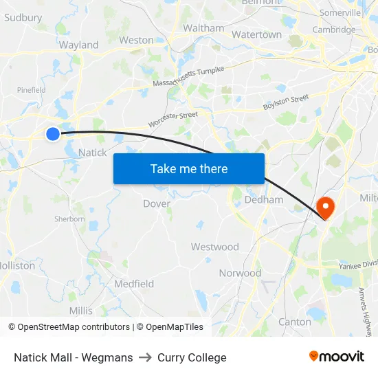 Natick Mall - Wegmans to Curry College map