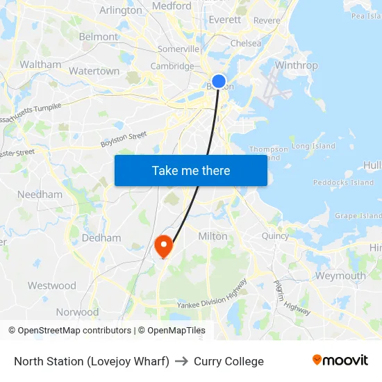 North Station (Lovejoy Wharf) to Curry College map