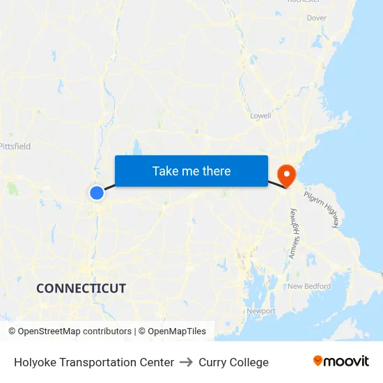 Holyoke Transportation Center to Curry College map