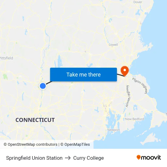 Springfield Union Station to Curry College map