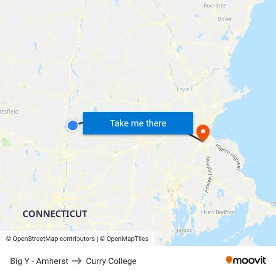 Big Y - Amherst to Curry College map