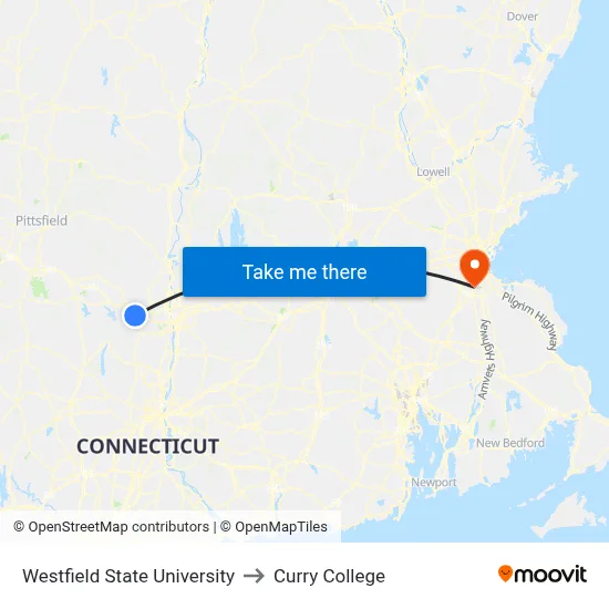 Westfield State University to Curry College map