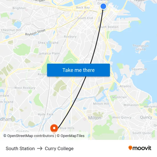 South Station to Curry College map