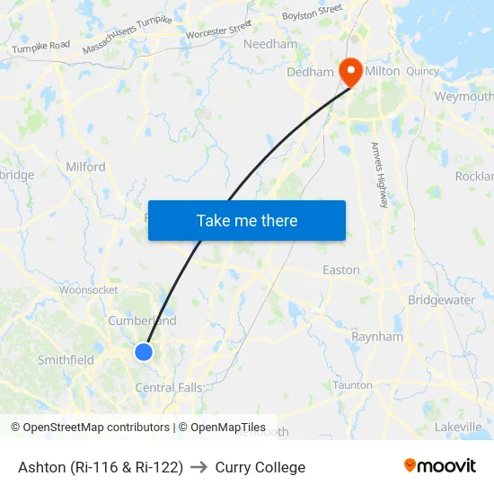 Ashton (Ri-116 & Ri-122) to Curry College map