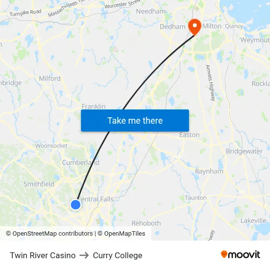 Twin River Casino to Curry College map