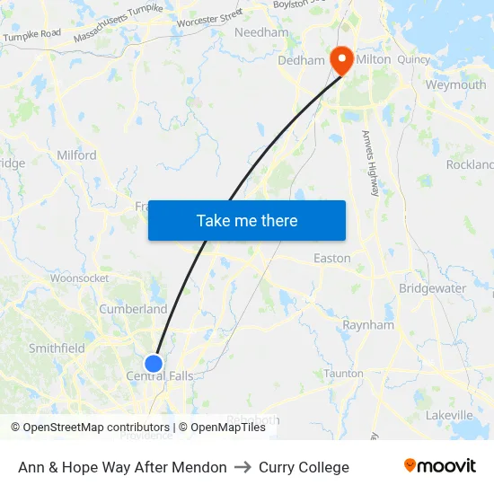 Ann & Hope Way After Mendon to Curry College map