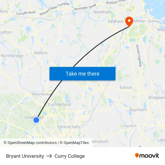 Bryant University to Curry College map