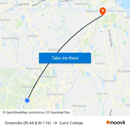 Greenville (Ri-44 & Ri-116) to Curry College map
