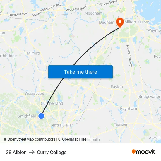 28 Albion to Curry College map