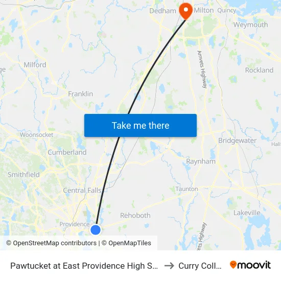 Pawtucket at East Providence High School to Curry College map