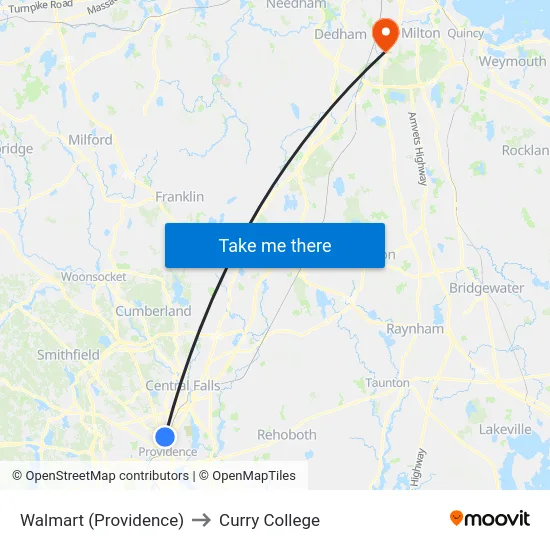 Walmart (Providence) to Curry College map