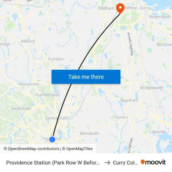 Providence Station (Park Row W Before Exchange) to Curry College map