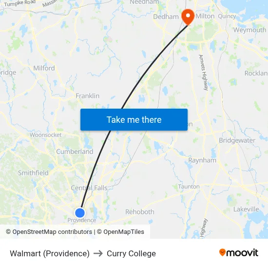 Walmart (Providence) to Curry College map