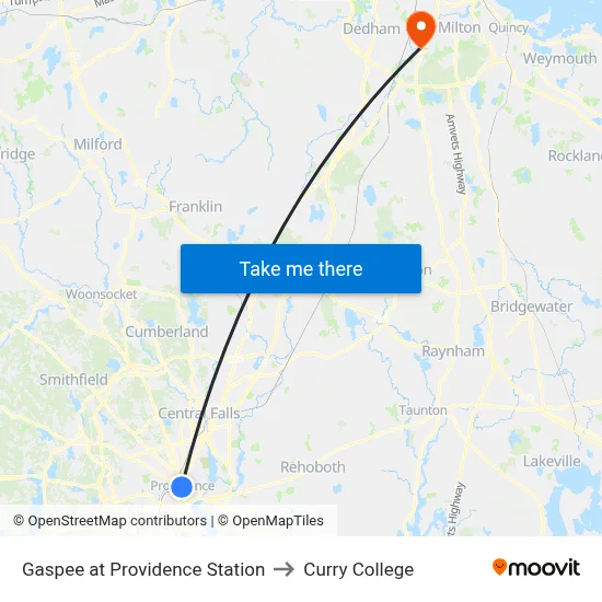 Gaspee at Providence Station to Curry College map