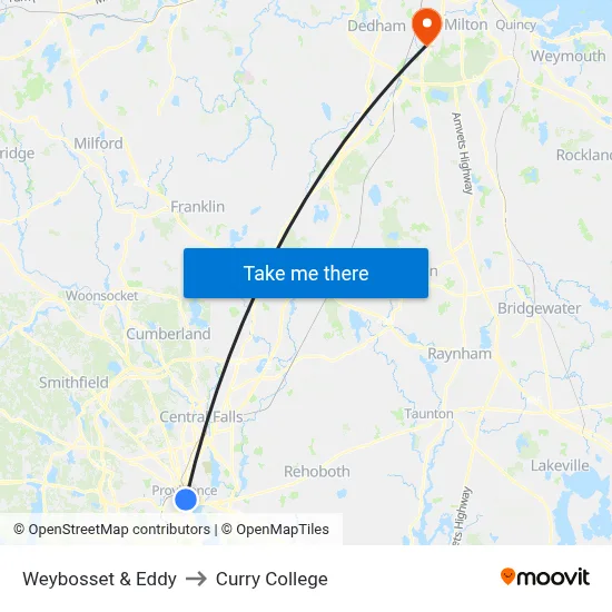 Weybosset & Eddy to Curry College map
