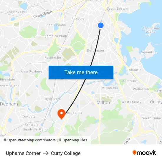 Uphams Corner to Curry College map