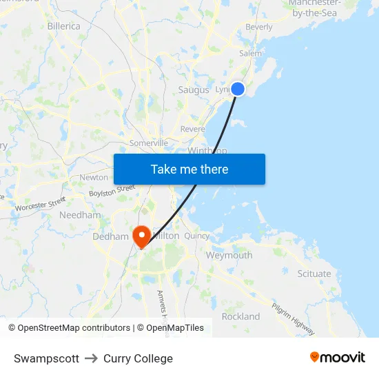 Swampscott to Curry College map
