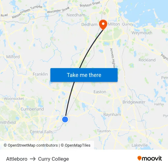 Attleboro to Curry College map