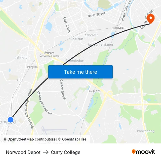 Norwood Depot to Curry College map