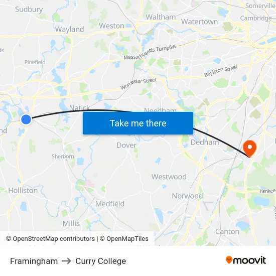 Framingham to Curry College map