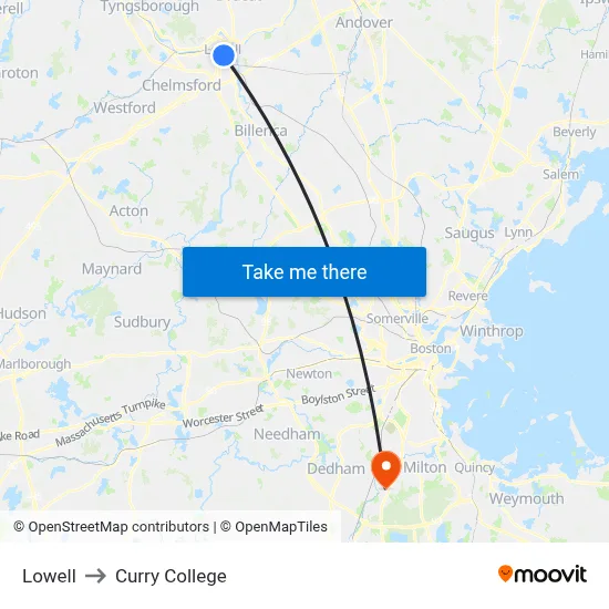 Lowell to Curry College map