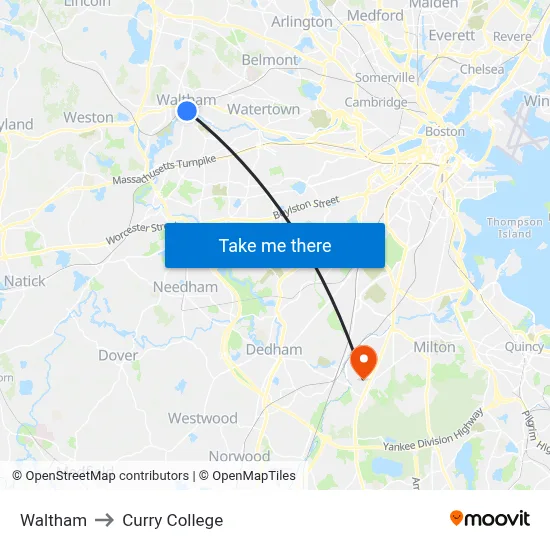 Waltham to Curry College map