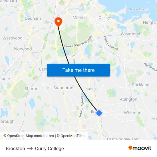 Brockton to Curry College map