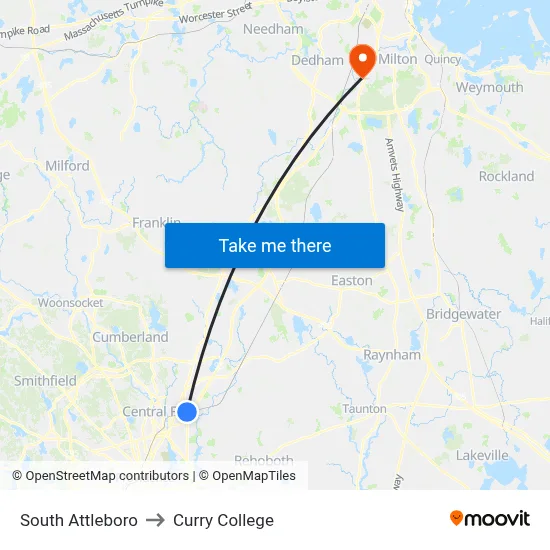 South Attleboro to Curry College map