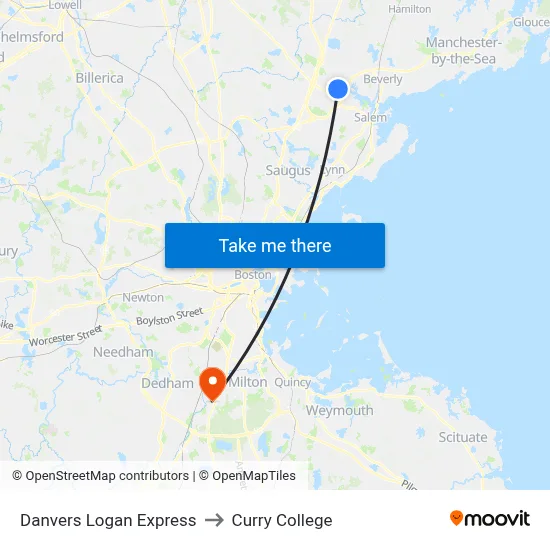 Danvers Logan Express to Curry College map