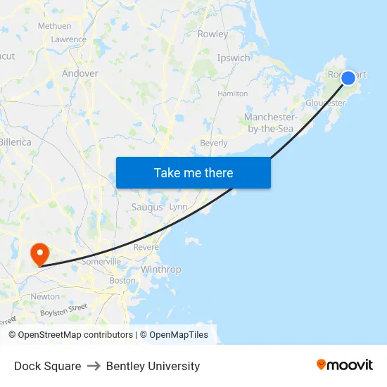 Dock Square to Bentley University map