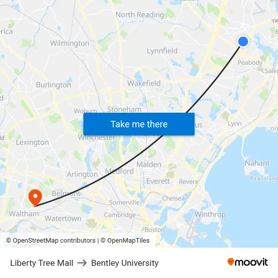 Liberty Tree Mall to Bentley University map