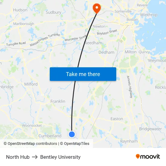 North Hub to Bentley University map