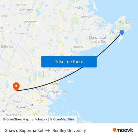 Shaw's Supermarket to Bentley University map