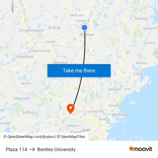 Plaza 114 to Bentley University map