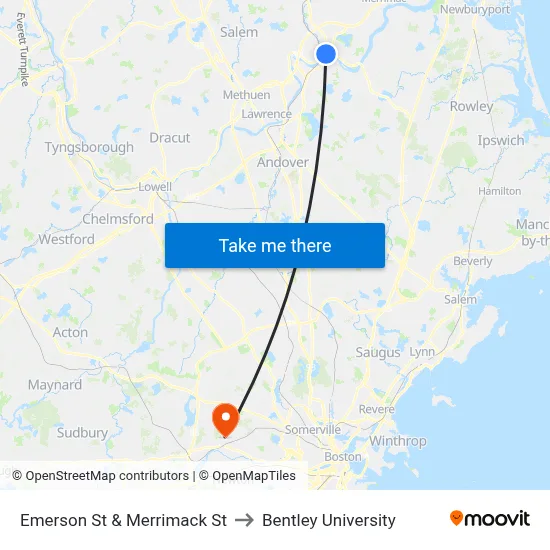 Emerson St & Merrimack St to Bentley University map