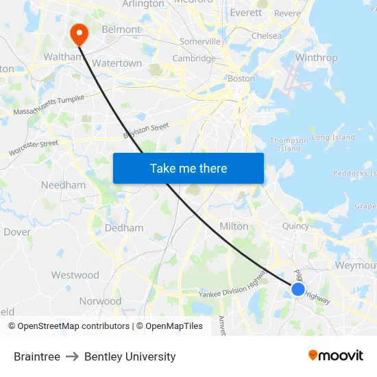 Braintree to Bentley University map