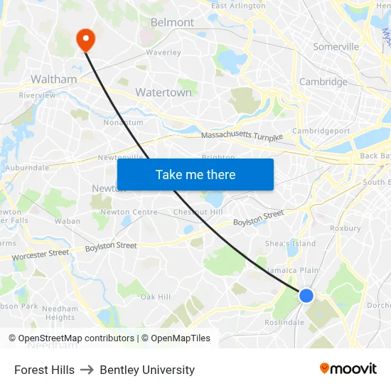 Forest Hills to Bentley University map