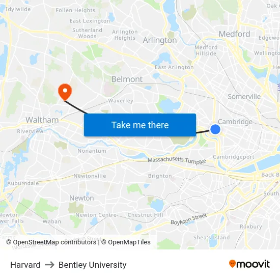 Harvard to Bentley University map