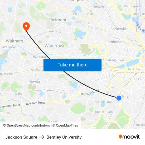 Jackson Square to Bentley University map