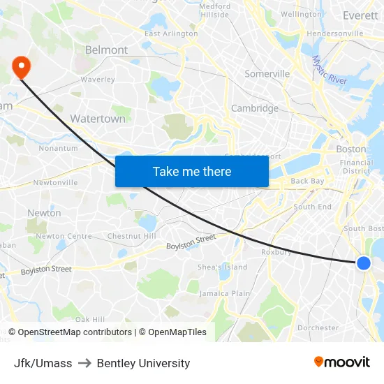 Jfk/Umass to Bentley University map
