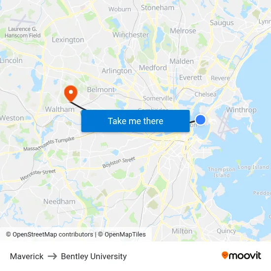 Maverick to Bentley University map