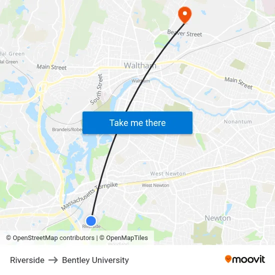 Riverside to Bentley University map