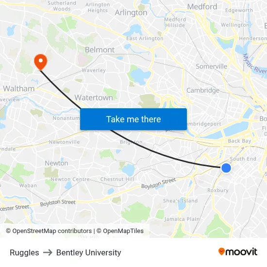 Ruggles to Bentley University map