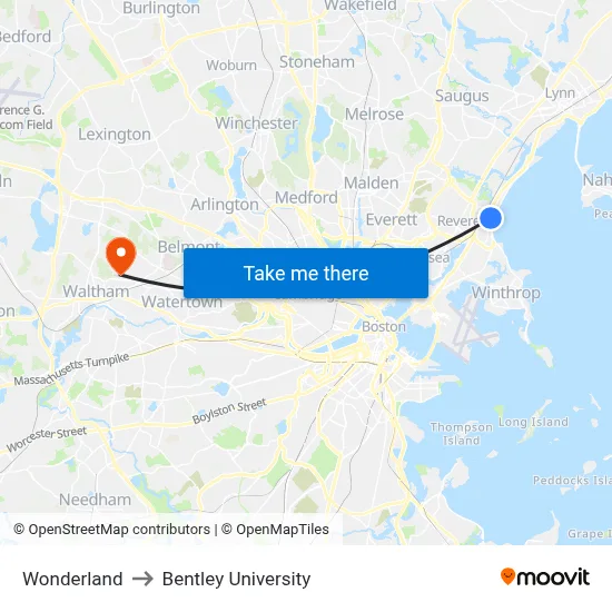 Wonderland to Bentley University map