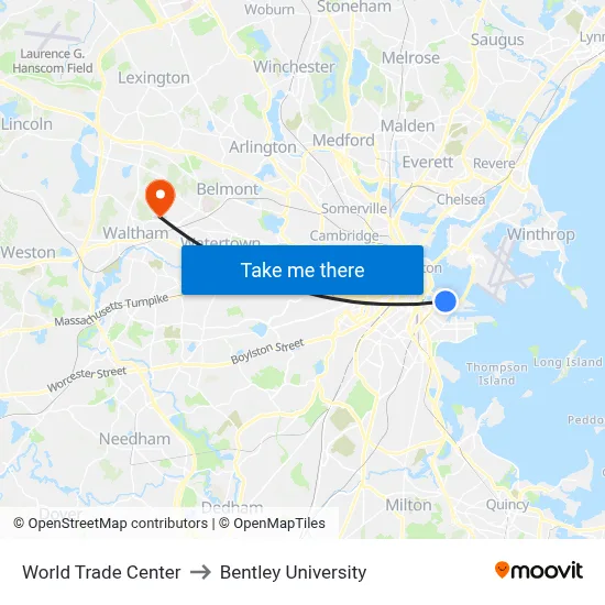 World Trade Center to Bentley University map