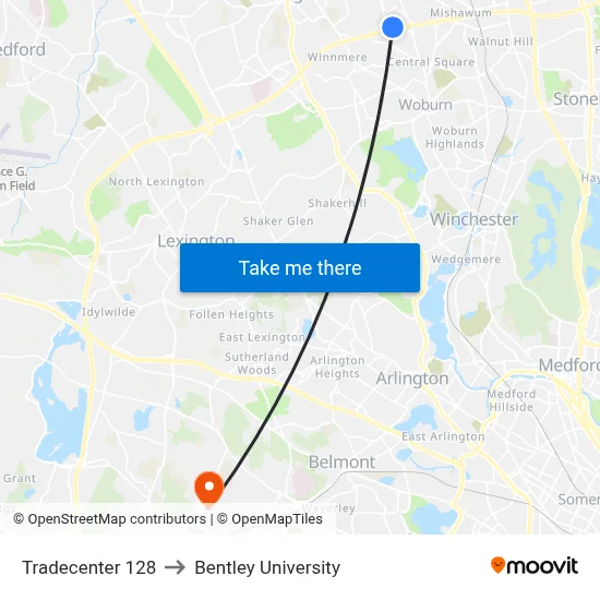 Tradecenter 128 to Bentley University map