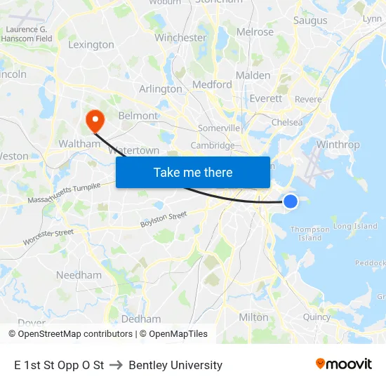 E 1st St Opp O St to Bentley University map