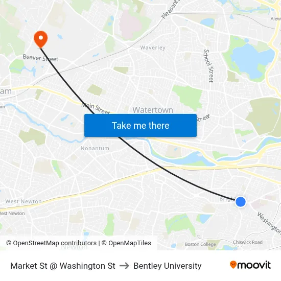Market St @ Washington St to Bentley University map