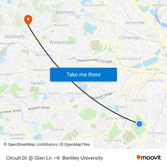 Circuit Dr @ Glen Ln to Bentley University map
